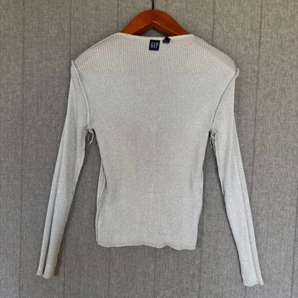 90s Vintage Gap Silver Metallic V Neck Button Up Ribbed Knit Cardigan Size M - Picture 11 of 14